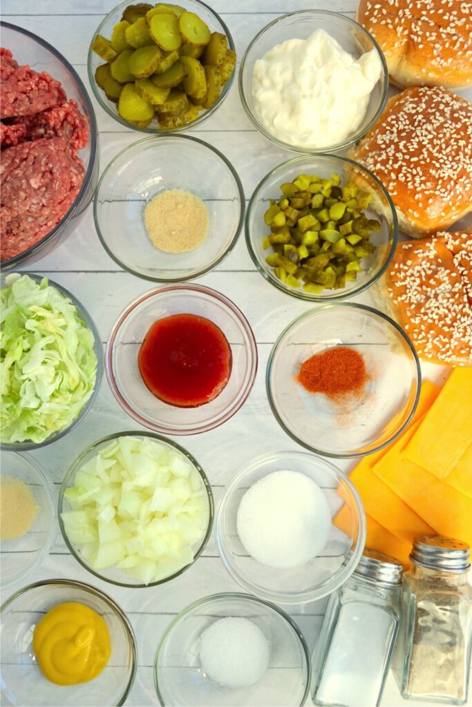 Overhead shot of individual sandwich ingredients on table