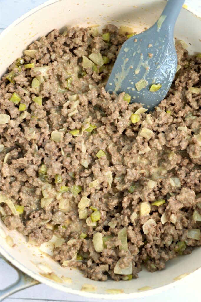 Overhead shot of Big Mac sloppy Joes mixture in skillet