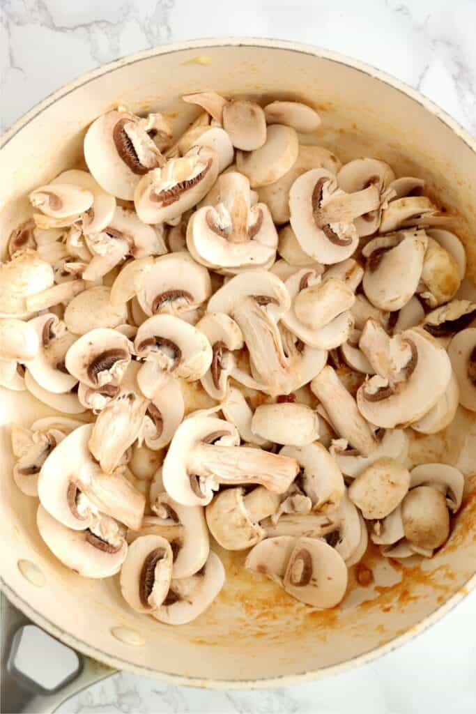 Overhead shot of mushrooms in pan