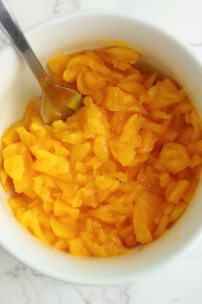 Closeup overhead shot of diced mango in bowl