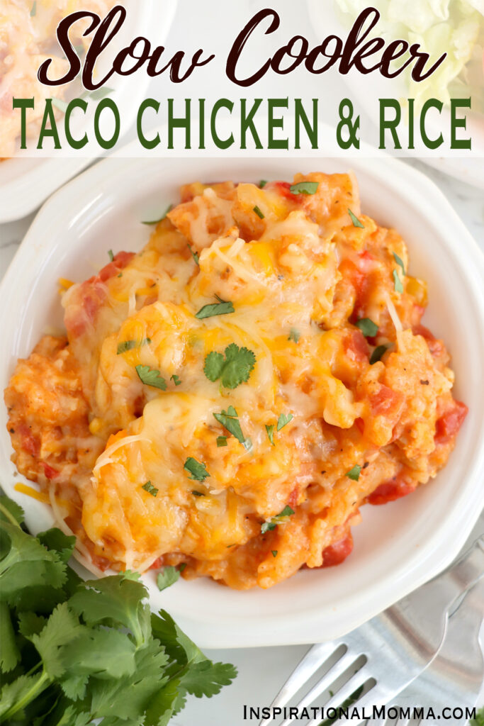 Closeup overhead shot of plateful of slow cooker taco chicken and rice. 