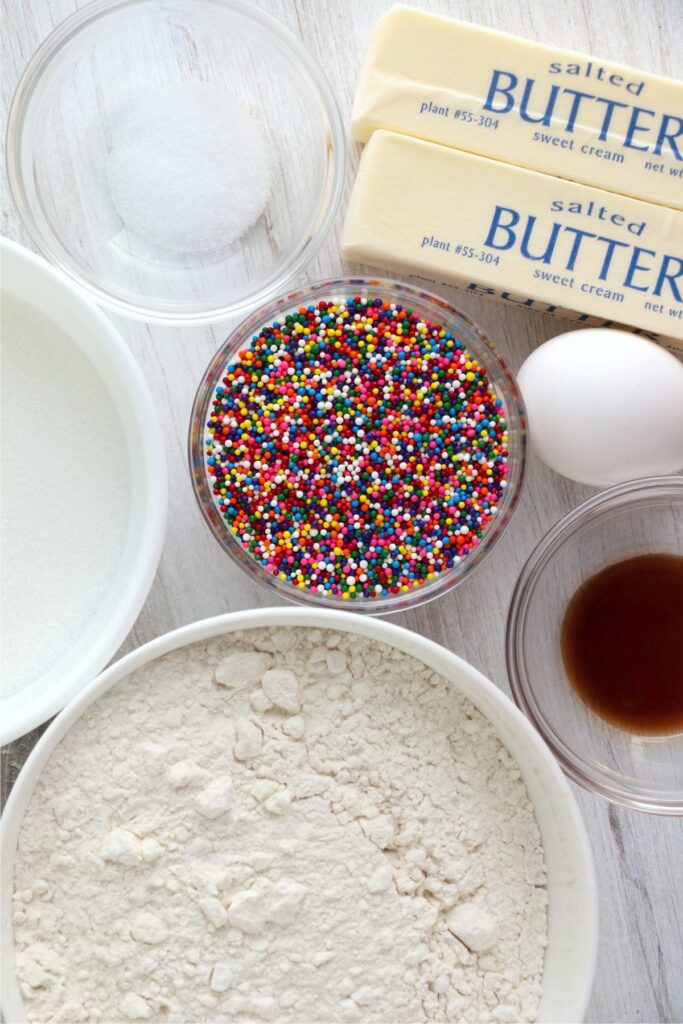 Closeup overhead shot of individual cookie ingredients on table