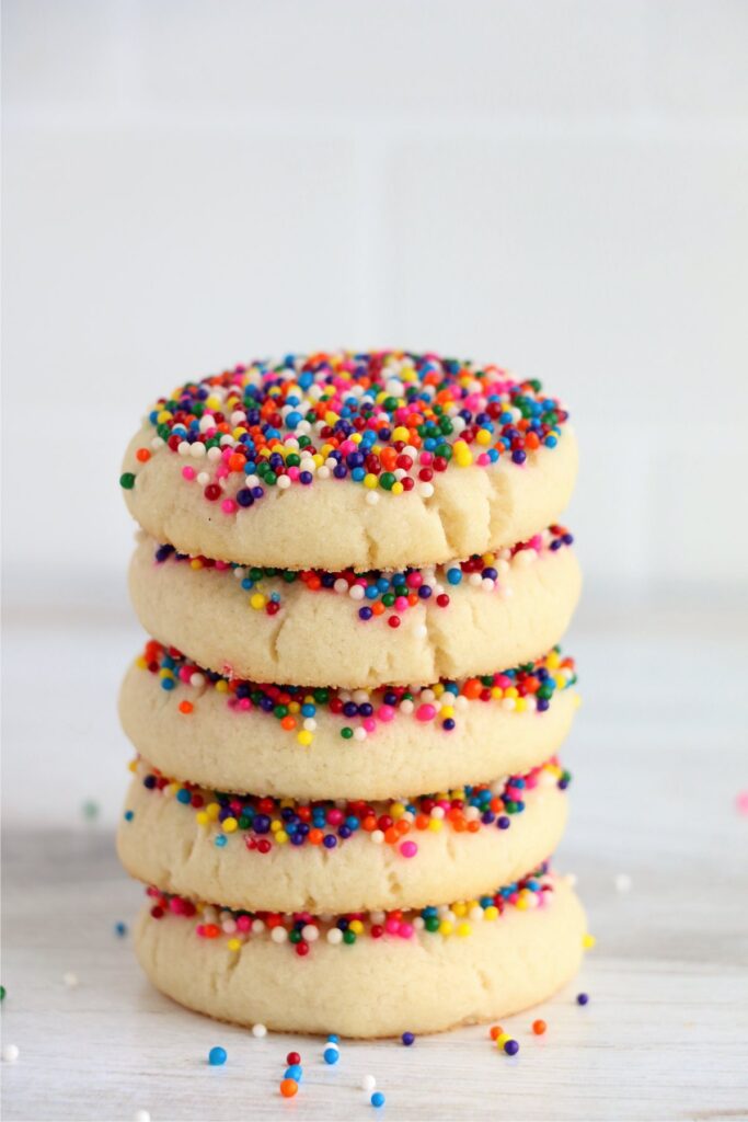 Closeup shot of sprinkle sugar cookies stacked atop one another