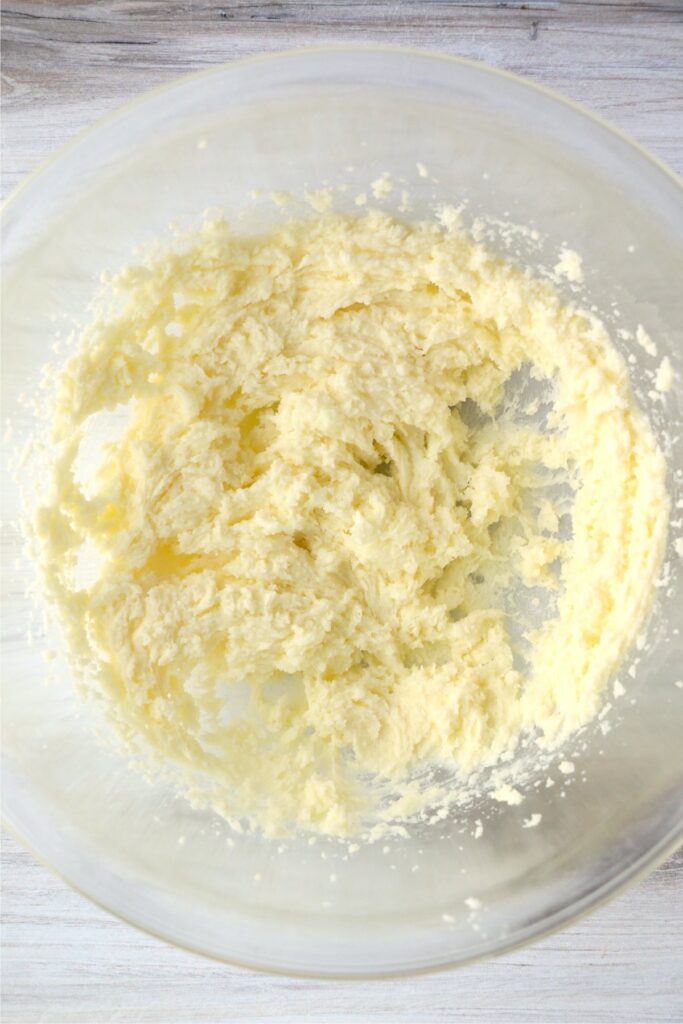 Overhead shot of creamed butter and sugar in bowl