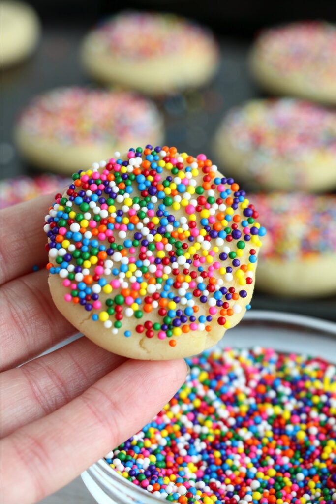 Closeup shot of sugar cookie dough dipped in sprinkles.