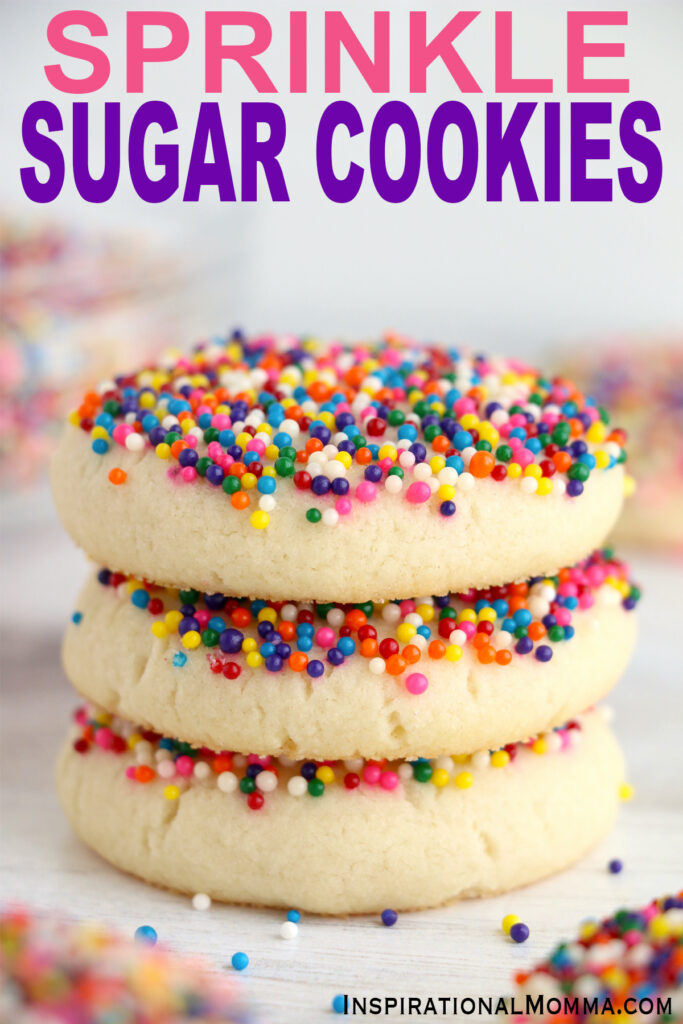 Closeup shot of sprinkle sugar cookies stacked atop one another on table