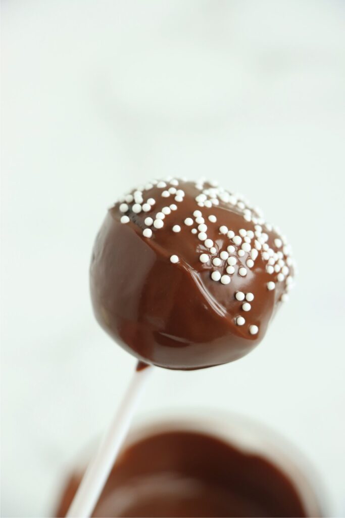 Closeup shot of copycat Starbucks cake pop topped with sprinkles