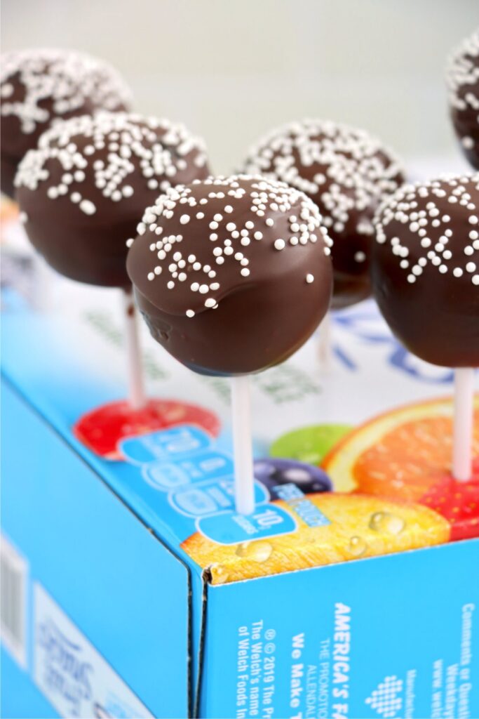 Closeup shot of copycat Starbucks cake pops stuck in cardboard box