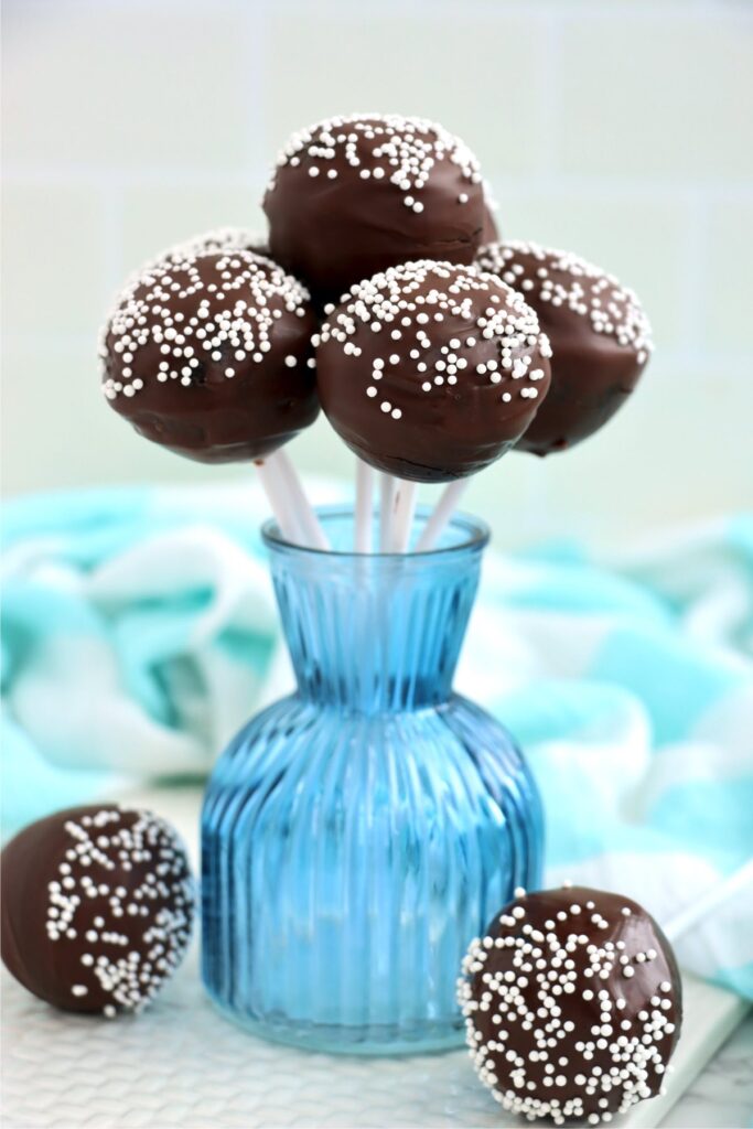 Closeup shot of copycat Starbucks cake pops in blue vase.