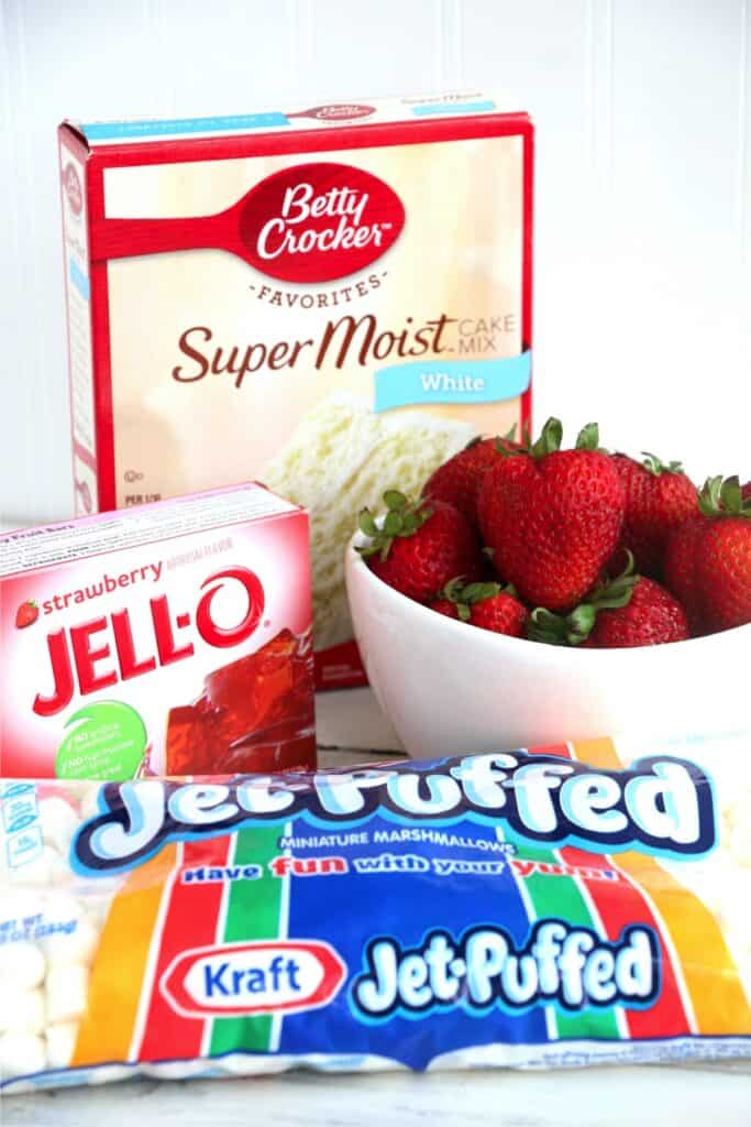 Individual strawberry cake ingredients on table