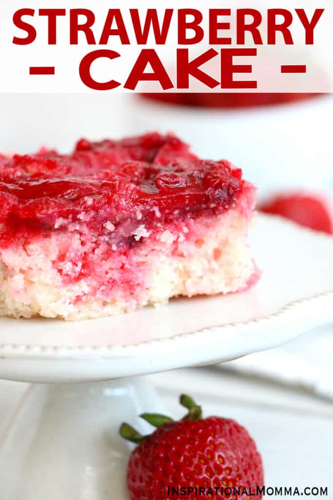 Closeup shot of slice of easy strawberry cake on plate