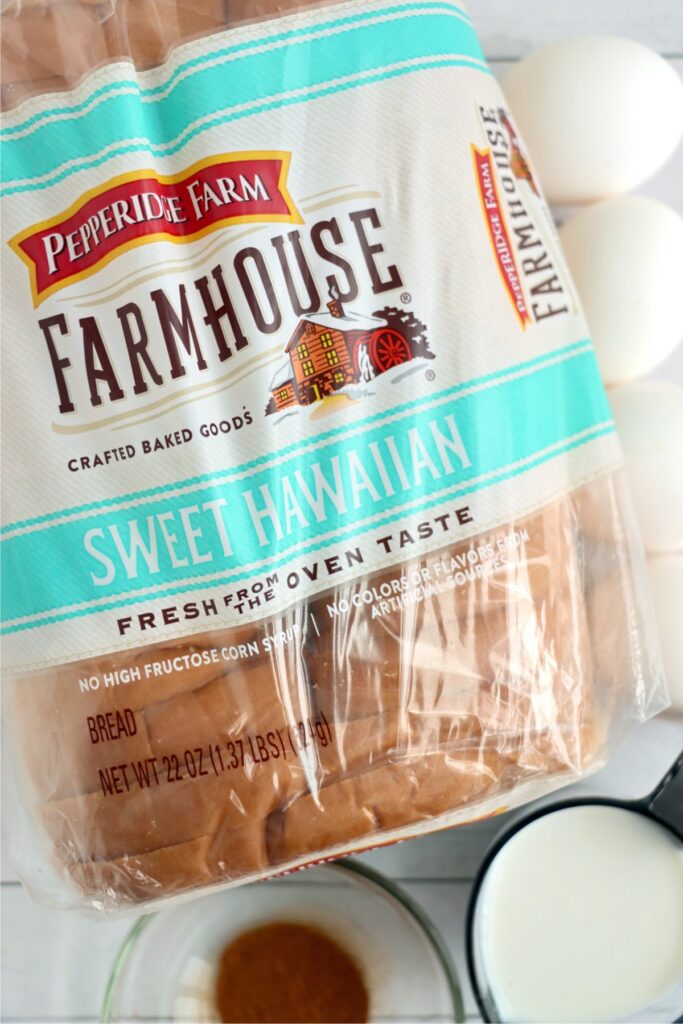 Overhead shot of French toast ingredients on table. 