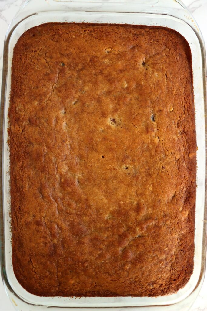 Overhead shot of baked strawberry banana cake in dish