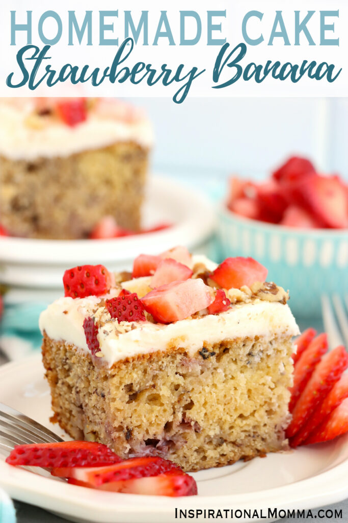 Closeup shot of piece of strawberry banana cake on plate