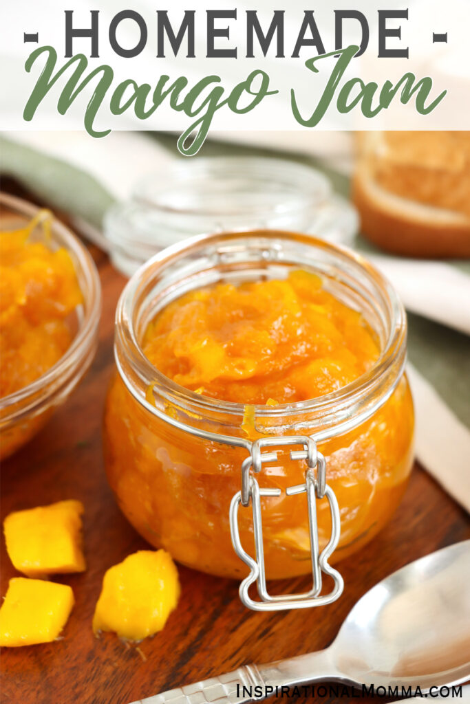 Closeup shot of jar full of homemade mango jam.