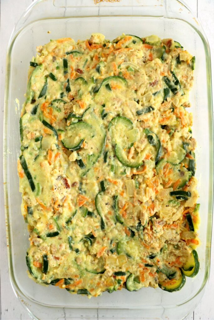 Overhead shot of vegetable mixture in baking dish.