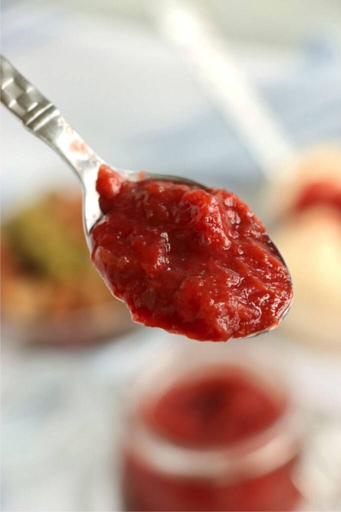 Closeup shot of spoonful of homemade rhubarb sauce.