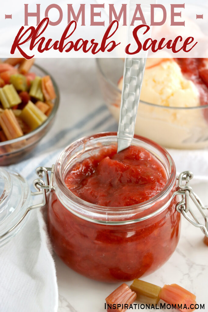 Closeup shot of jarful of homemade rhubarb sauce. 