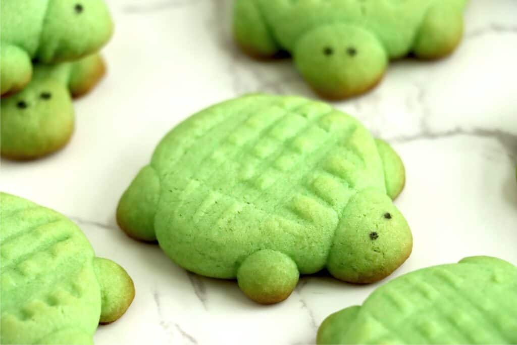 Closeup shot of sea turtle sugar cookies on table.