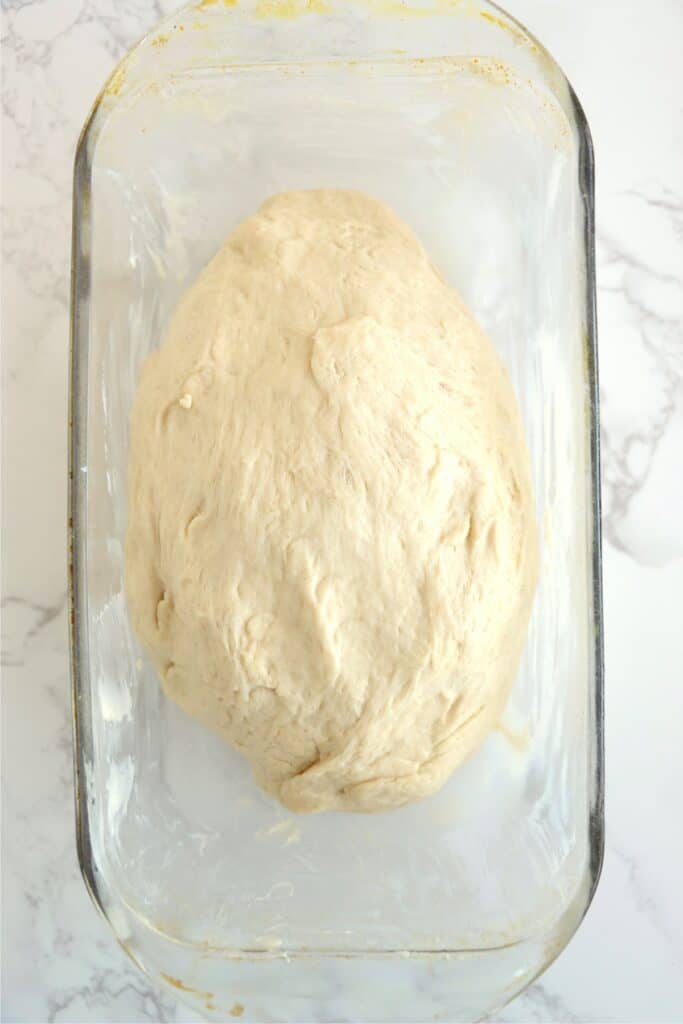 Overhead shot of country white bread dough in loaf pan