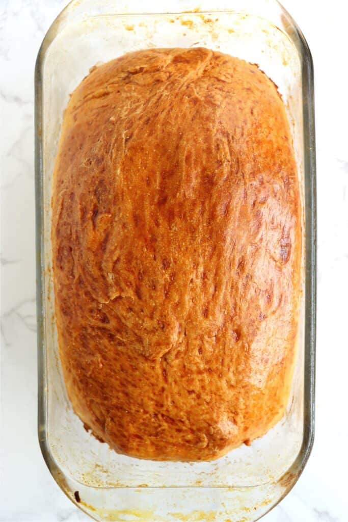 Overhead shot of baked country white bread loaf in loaf pan