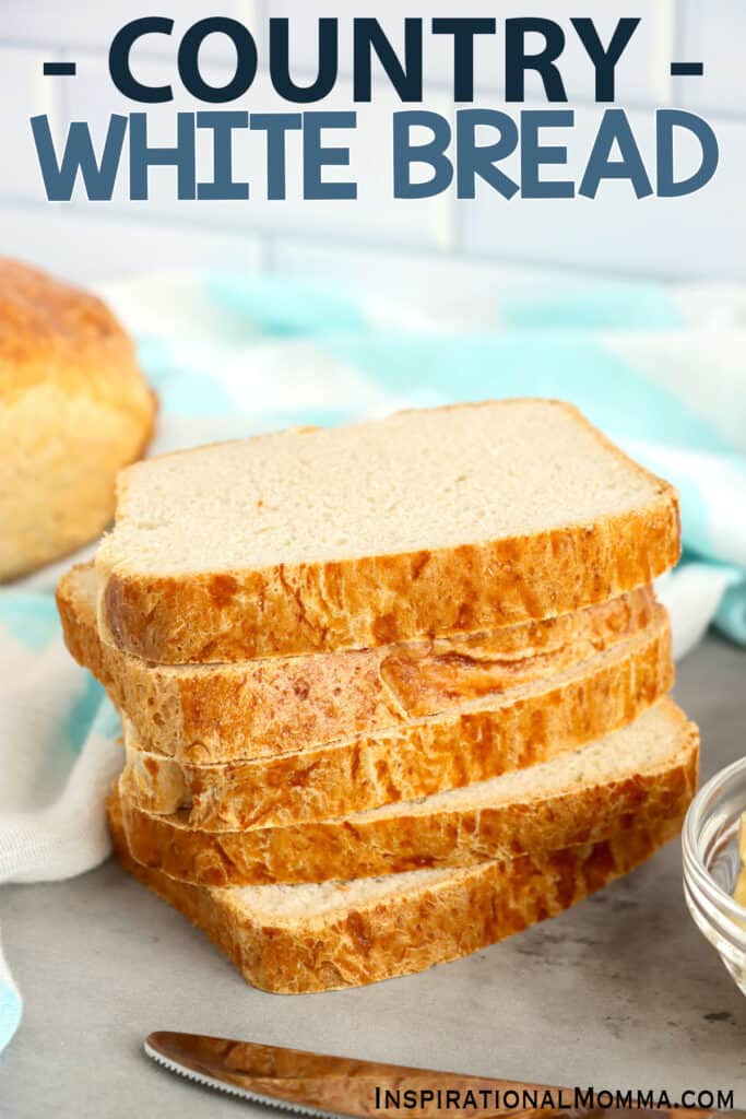 Stack of country white bread slices on plate. 