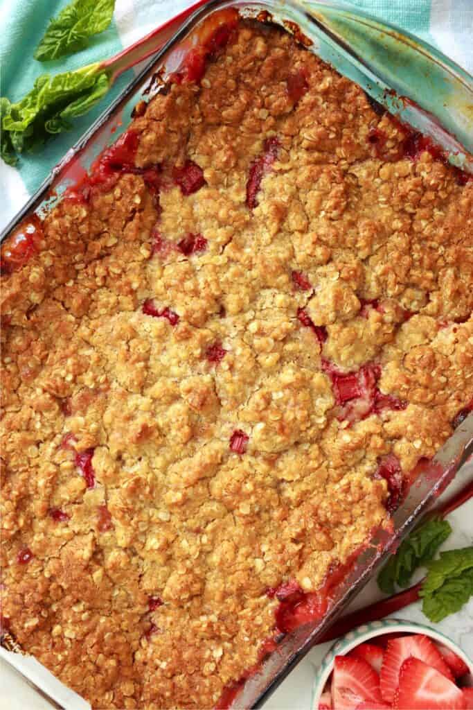 Overhead shot of rhubarb custard bars in baking dish