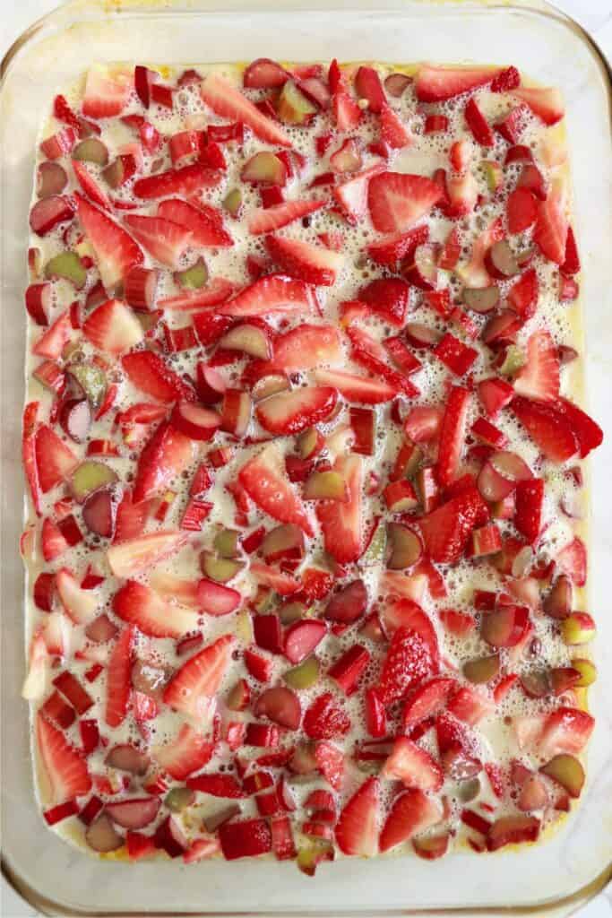 Overhead shot of rhubarb custard mixture in baking dish