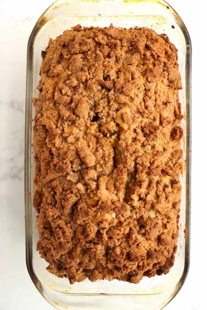 Overhead shot of baked rhubarb nut bread in bread pan