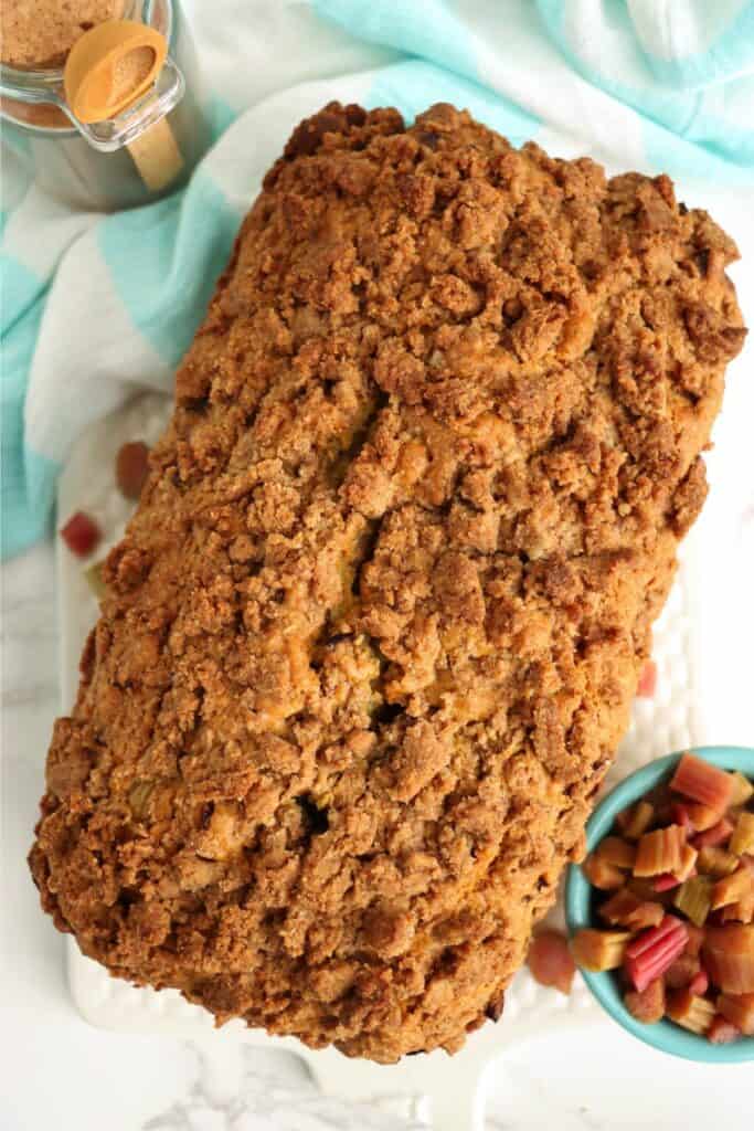 Overhead shot of rhubarb nut bread. 