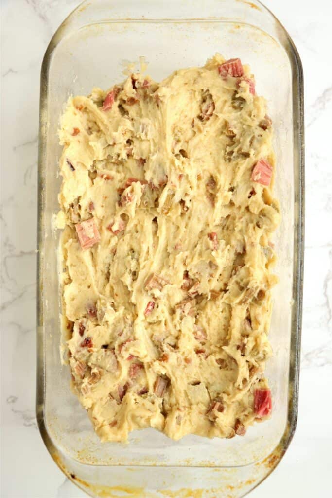 Overhead shot of rhubarb nut bread in bread pan