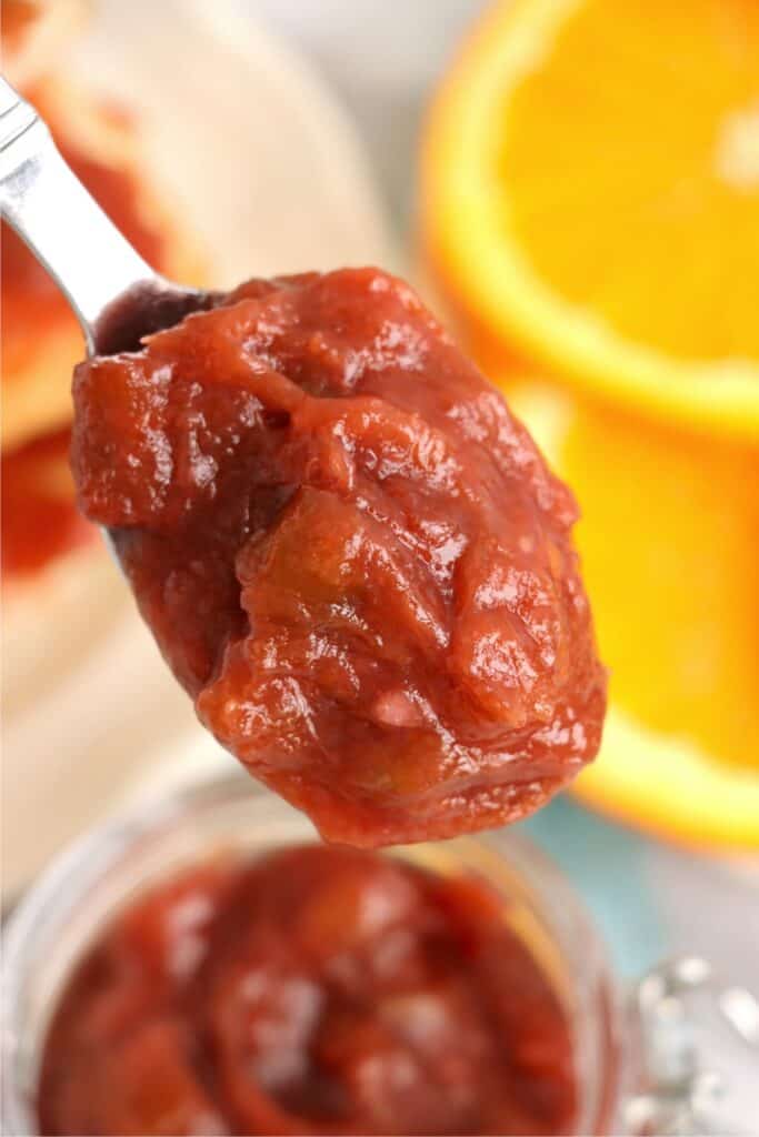 Closeup shot of spoonful of homemade rhubarb jam