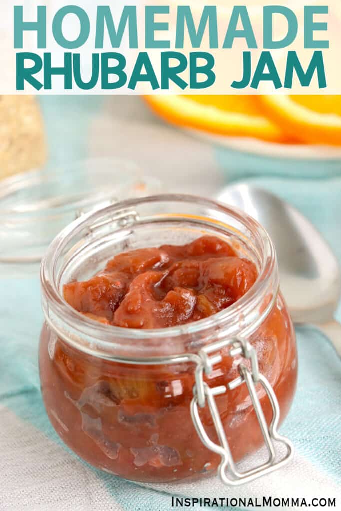 Homeamed rhubarb jam in glass container. 