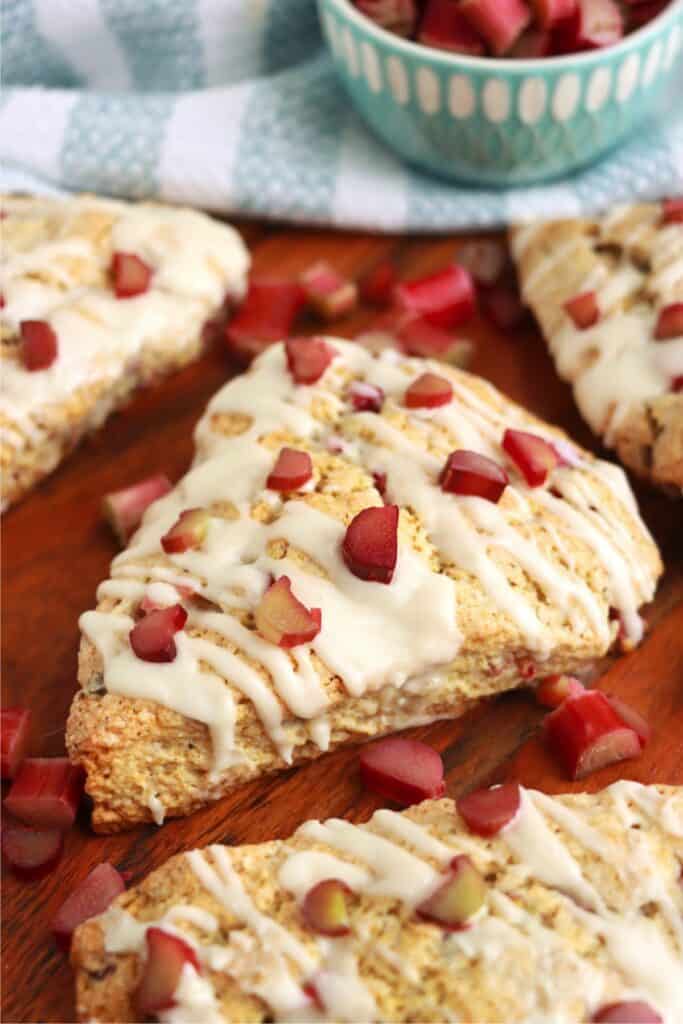 Closeup shot of homemade rhubarb scones. 