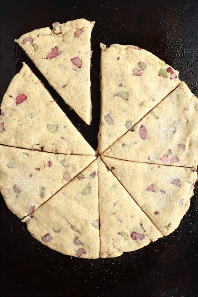 Overhead shot of rhubarb scone dough sliced into 8 pieces.