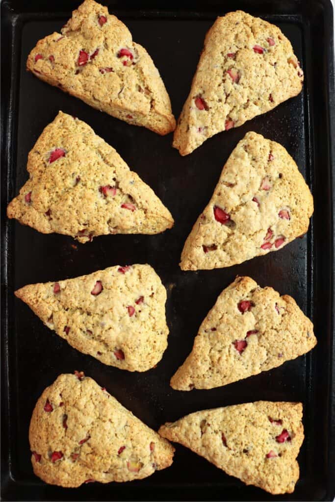 Overhead shot of baked scones on baking sheet