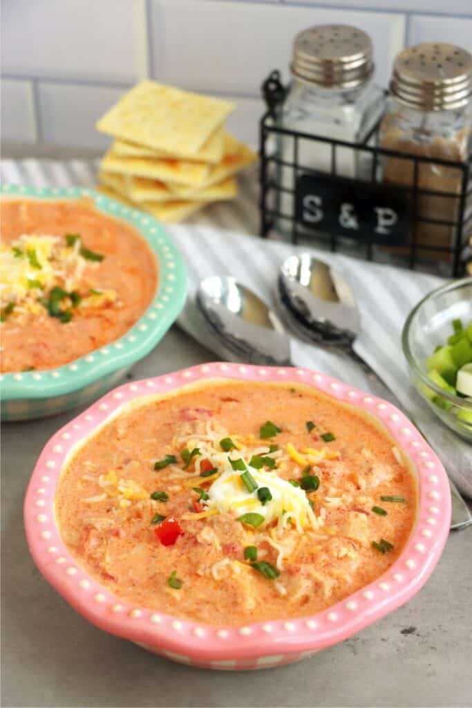 Two bowls of chicken paprikash soup on table. 