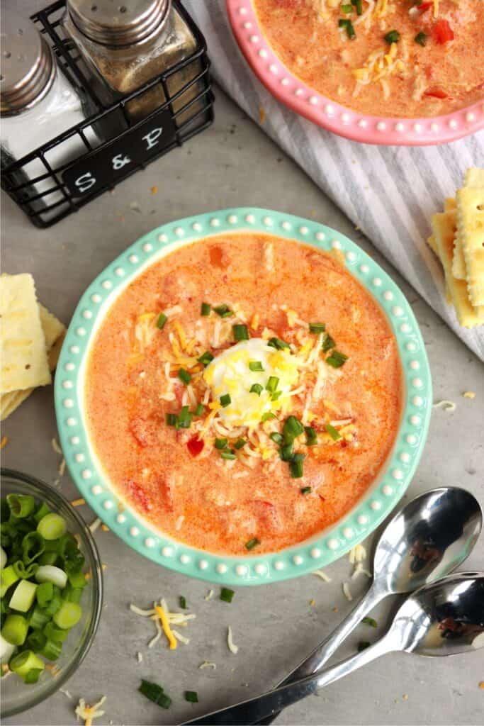 Overhead shot of bowlful of chicken paprikash soup