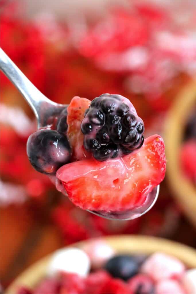 Closeup shot of spoonful of healthy fruit salad. 