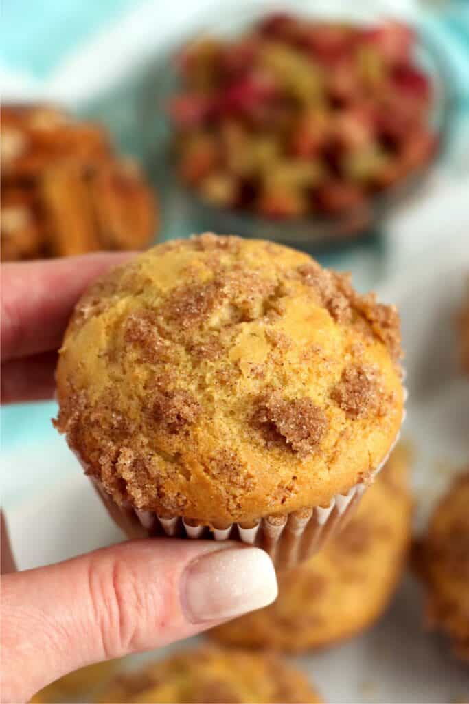 Closeup shot of hand holding a homemade rhubarb muffin