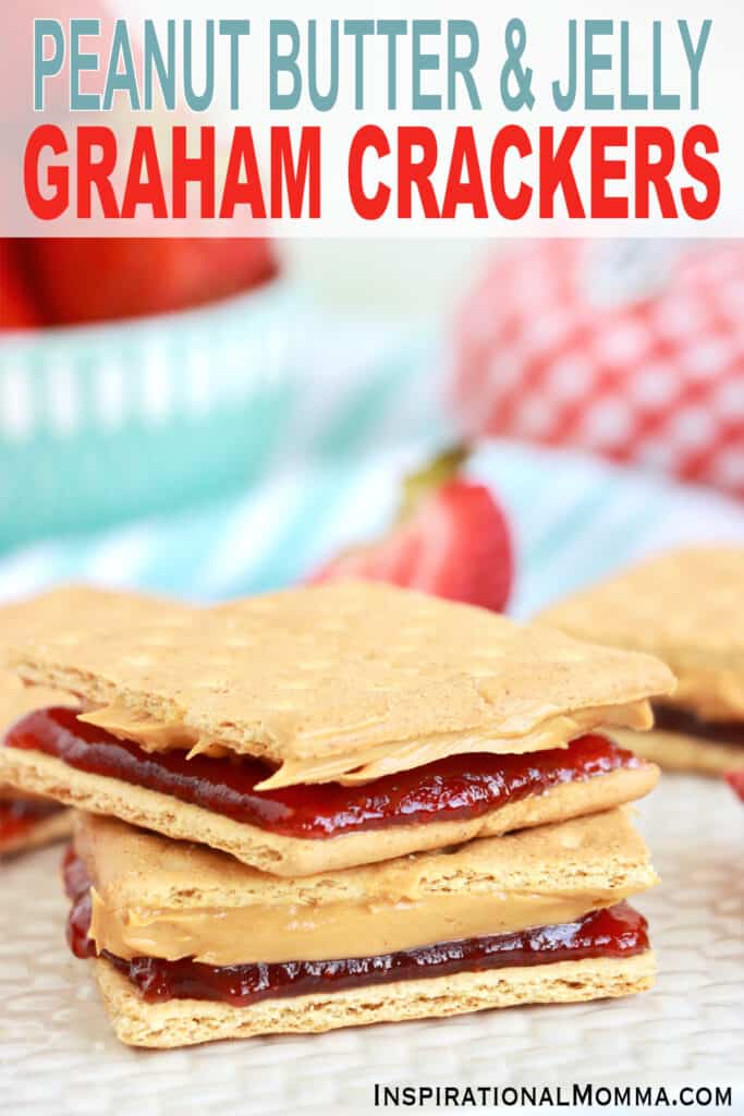 Closeup shot of two peanut butter and jelly graham cracker sandwiches stacked atop one another