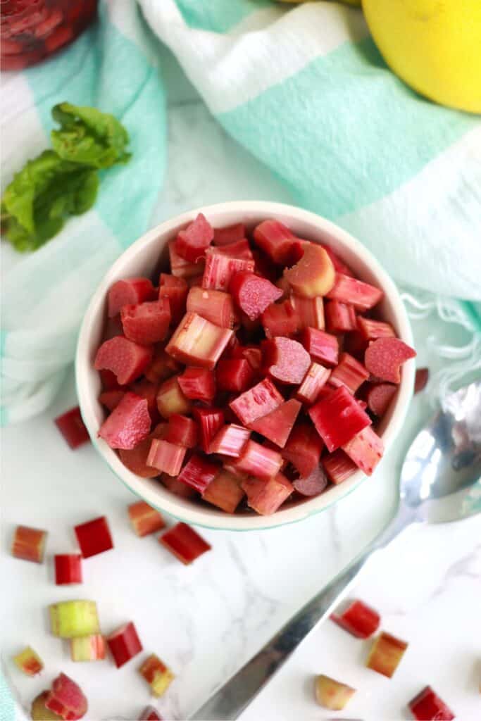 Overhread shot of bowlful of pickled rhubarb