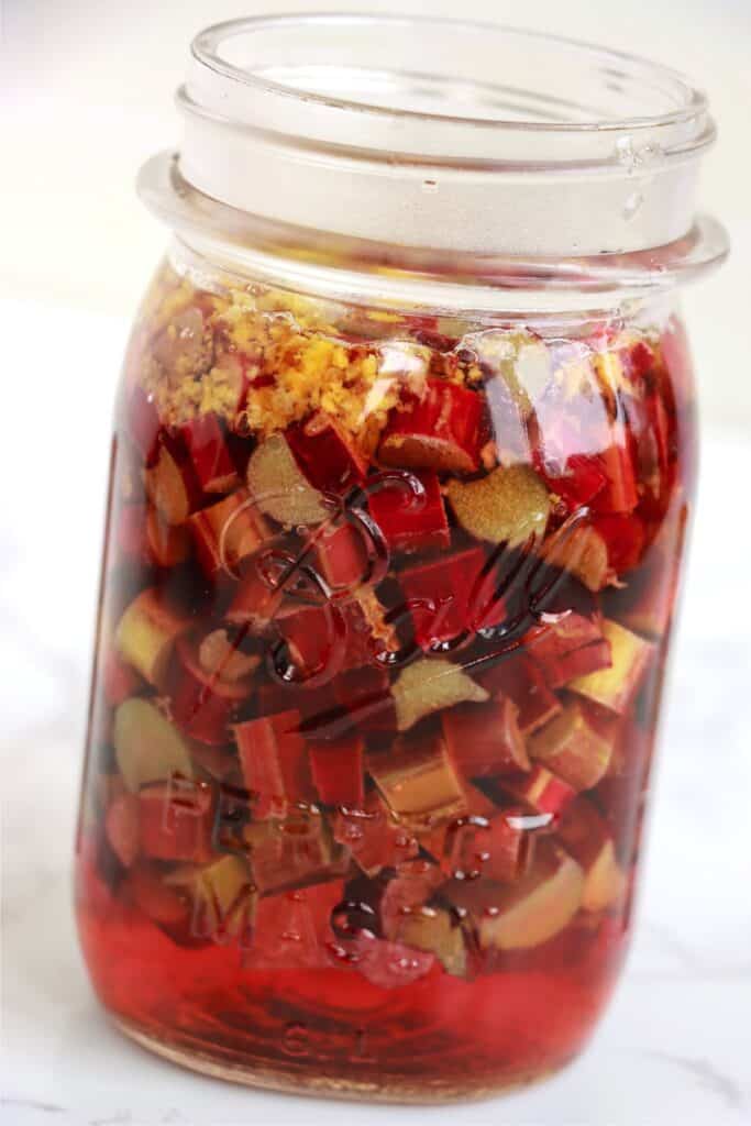 Closeup shot of jarful of pickled rhubarb