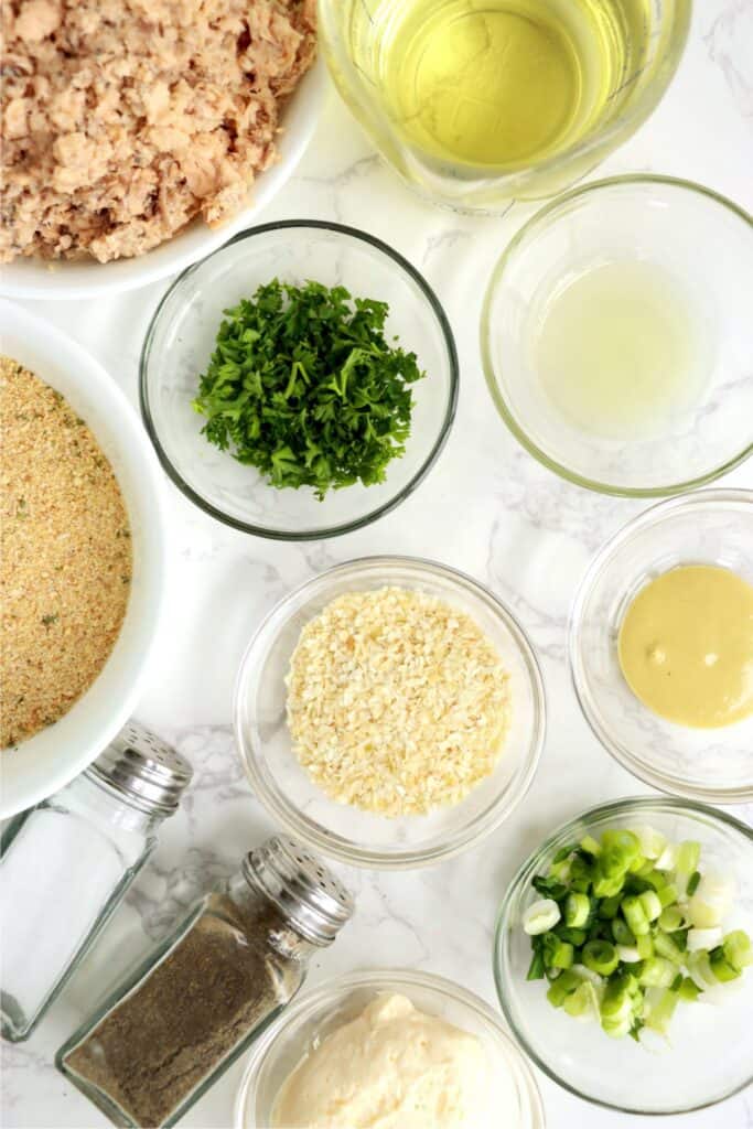 Overhead shot of individual ingredients in bowls for this simple salmon patties recipe