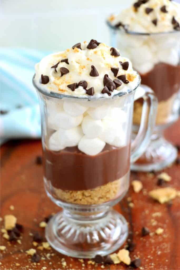 Closeup shot of S'Mores parfait topped with whipped cream and mini chocolate chips. 