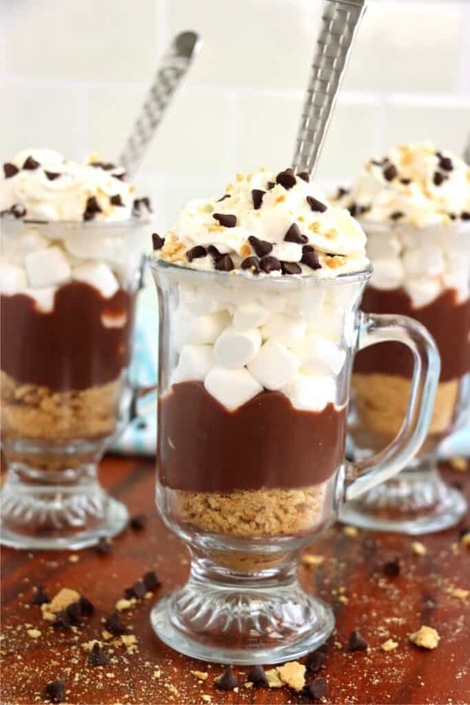 Closeup shot of S'Mores parfaits on table. 