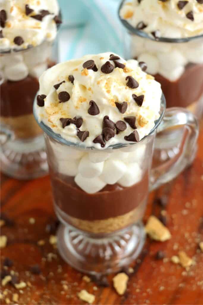 Closeup shot of S'Mores parfait in dessert glass. 