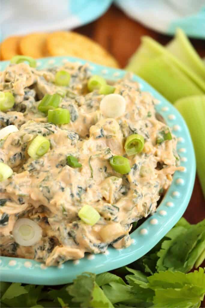 Closeup shot of bowlful of Buffalo chicken spinach dip