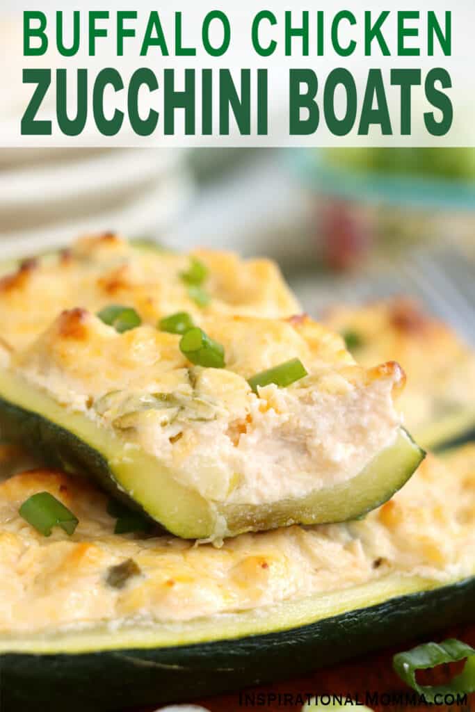 Closeup shot of Buffalo chicken zucchini boats stacked atop one another.