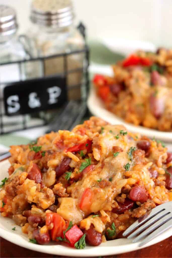 Closeup shot of plateful of cheesy southwestern beef and rice skillet. 